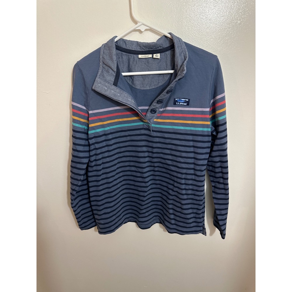 LL Bean Womens Blue Multi Stripe Henley Pullover Sweatshirt 100% Cotton 501241